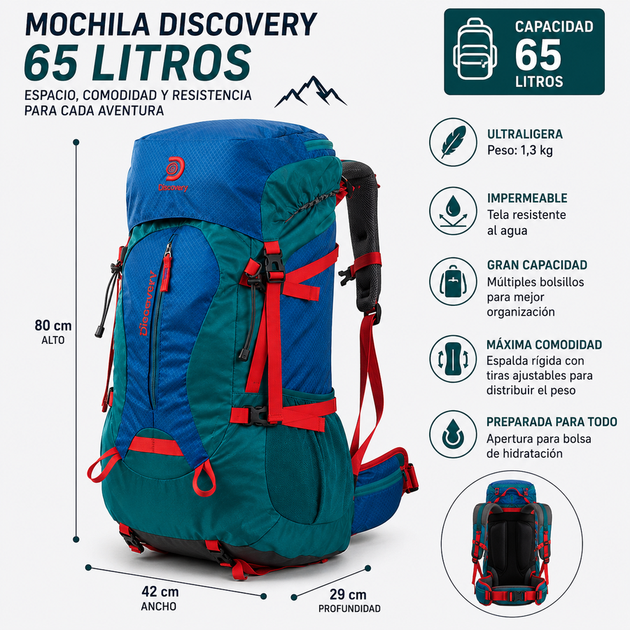 Mochila Trekking Discovery 65L Impermeable Camping Viaje